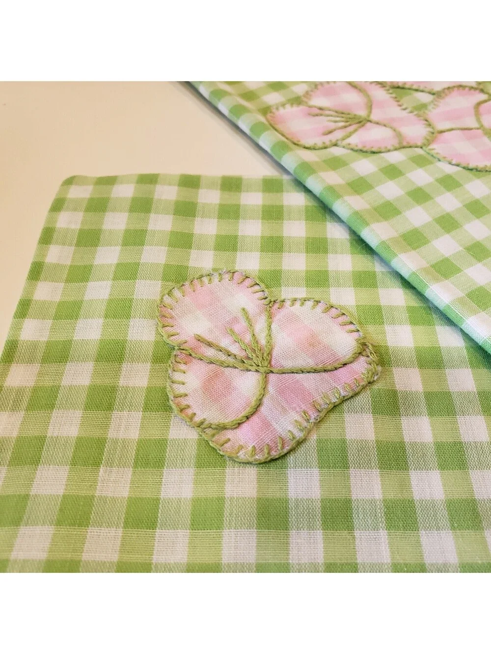 Vintage Cotton Gingham Napkin Placemat Set Green Pink Applique Hand Made Retro